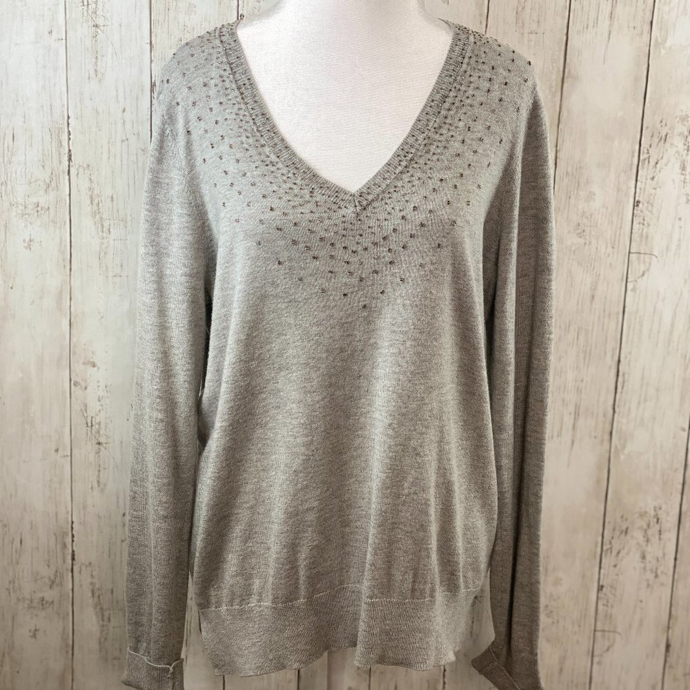 Ann Taylor long sleeved, v neck grey sweater with beading; Size M/L